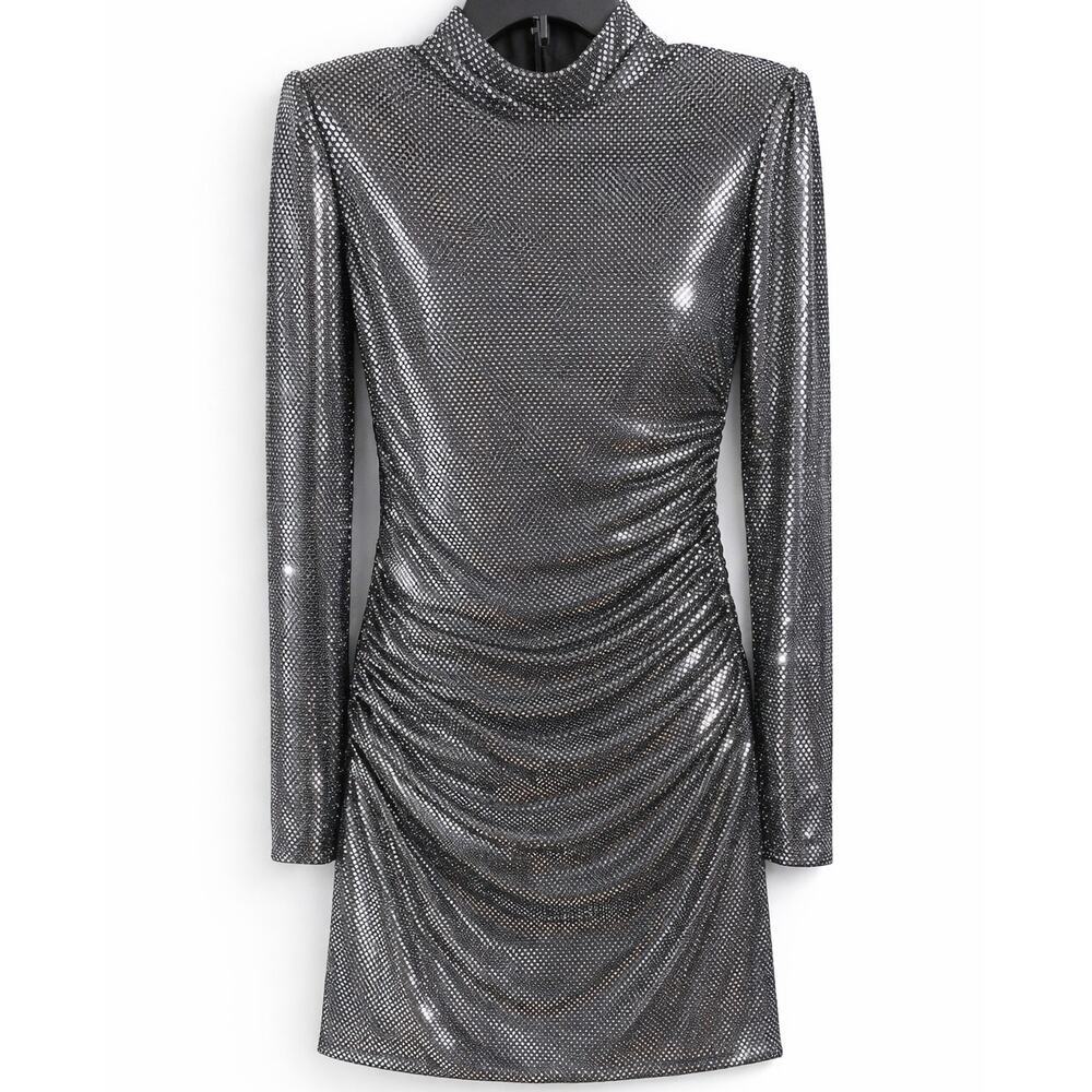 Ieena for Mac Duggal Micro-Sequin Ruched Mini Dress, Zipper Cuff Sleeves, Size 8